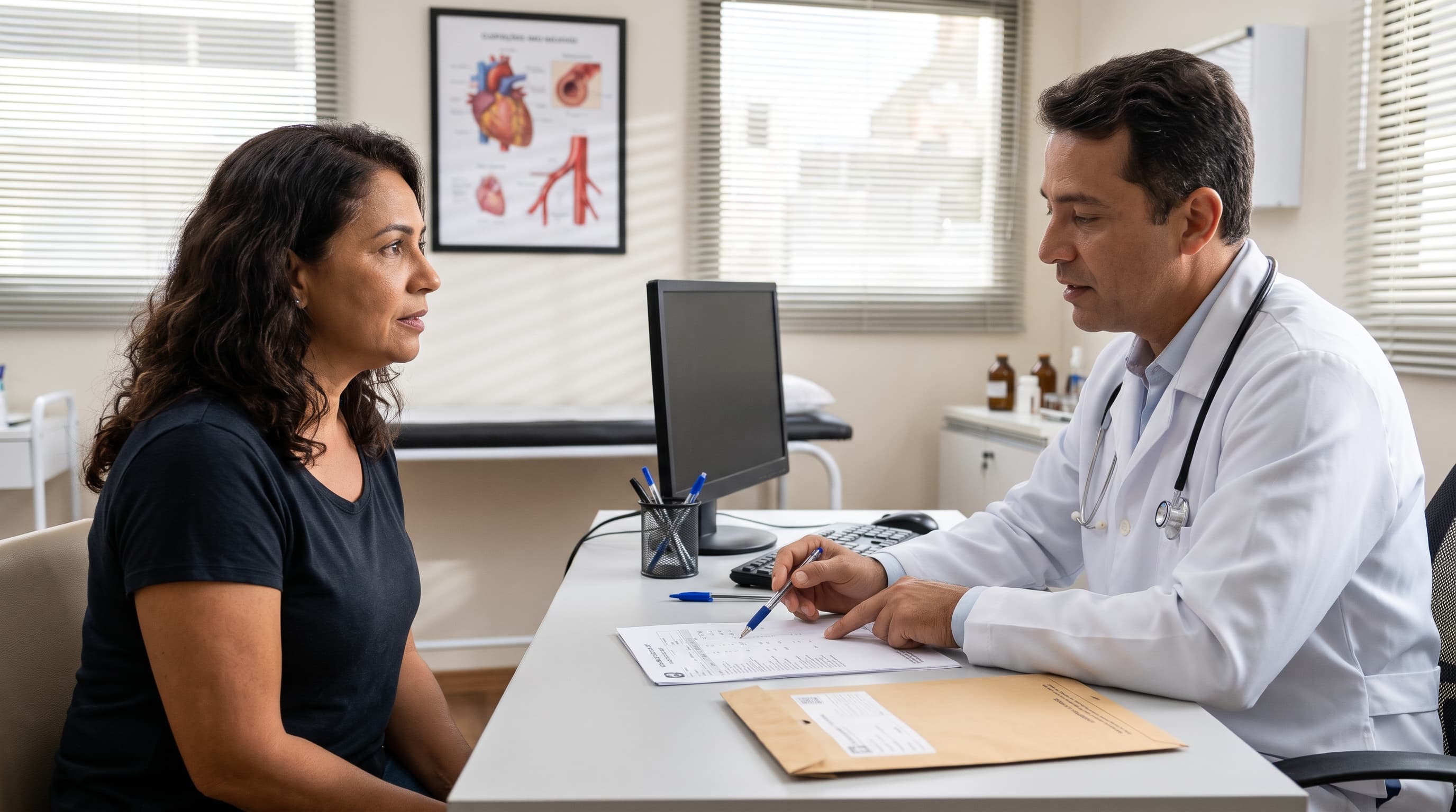 Médico de jaleco branco explica um exame a uma paciente no consultório, apontando um papel sobre a mesa.