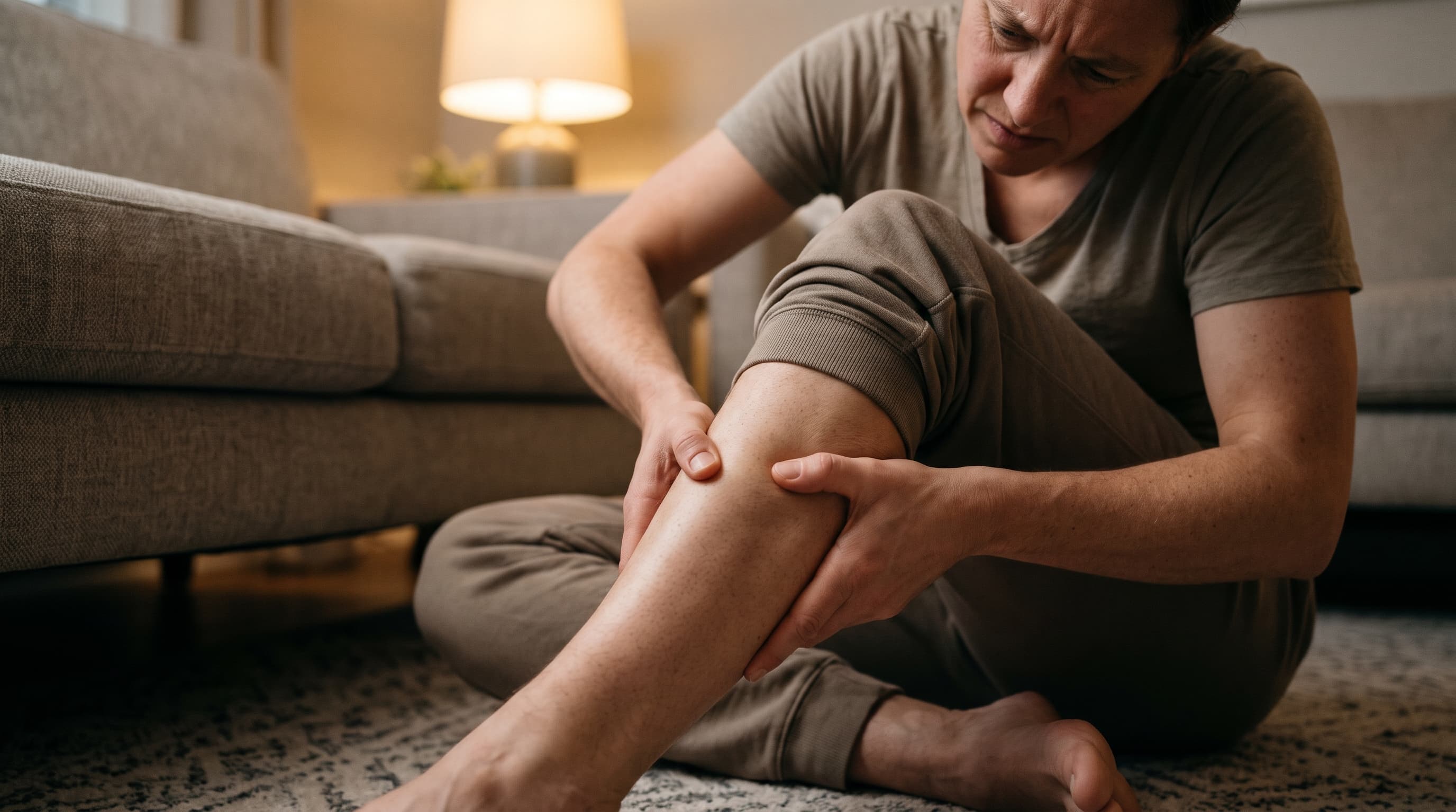 Pessoa sentada no chão de casa, com expressão de dor, massageando a panturrilha da perna ao lado de um sofá e um abajur
