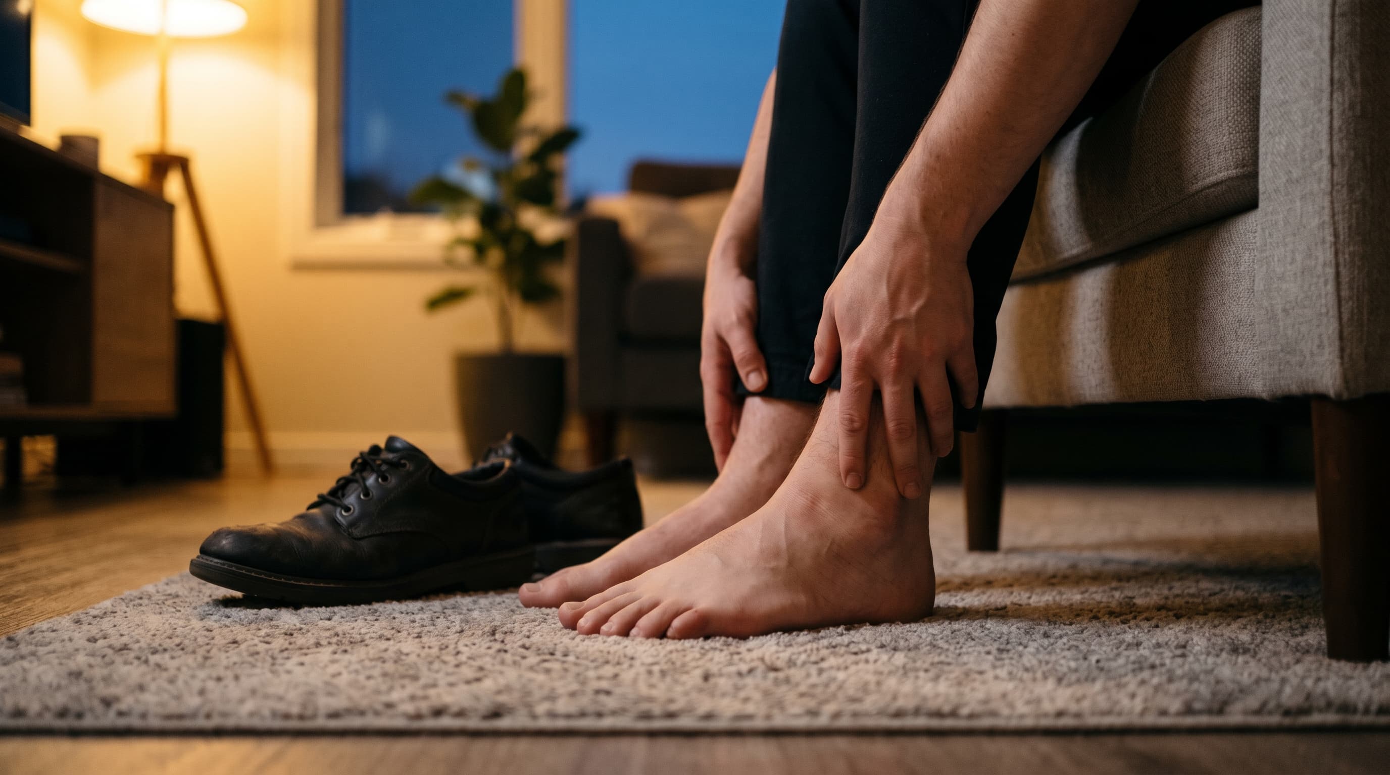 Pessoa sentada no sofá massageando o tornozelo descalço, com sapatos pretos no tapete ao lado.